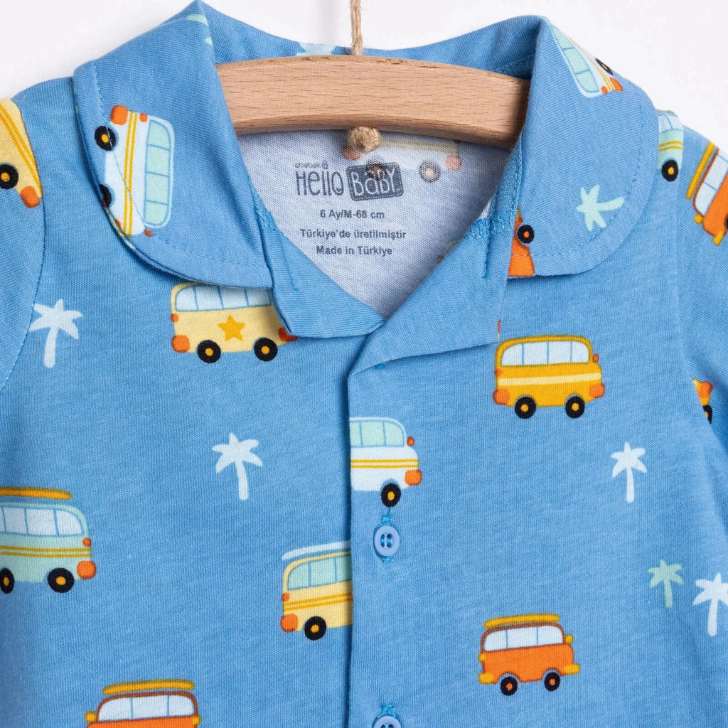 HelloBaby Boys Short Sleeve Pyjamas Set Vehicles with Buttons Peter-Pan Collar Short Leg Short Sleev - Blue
