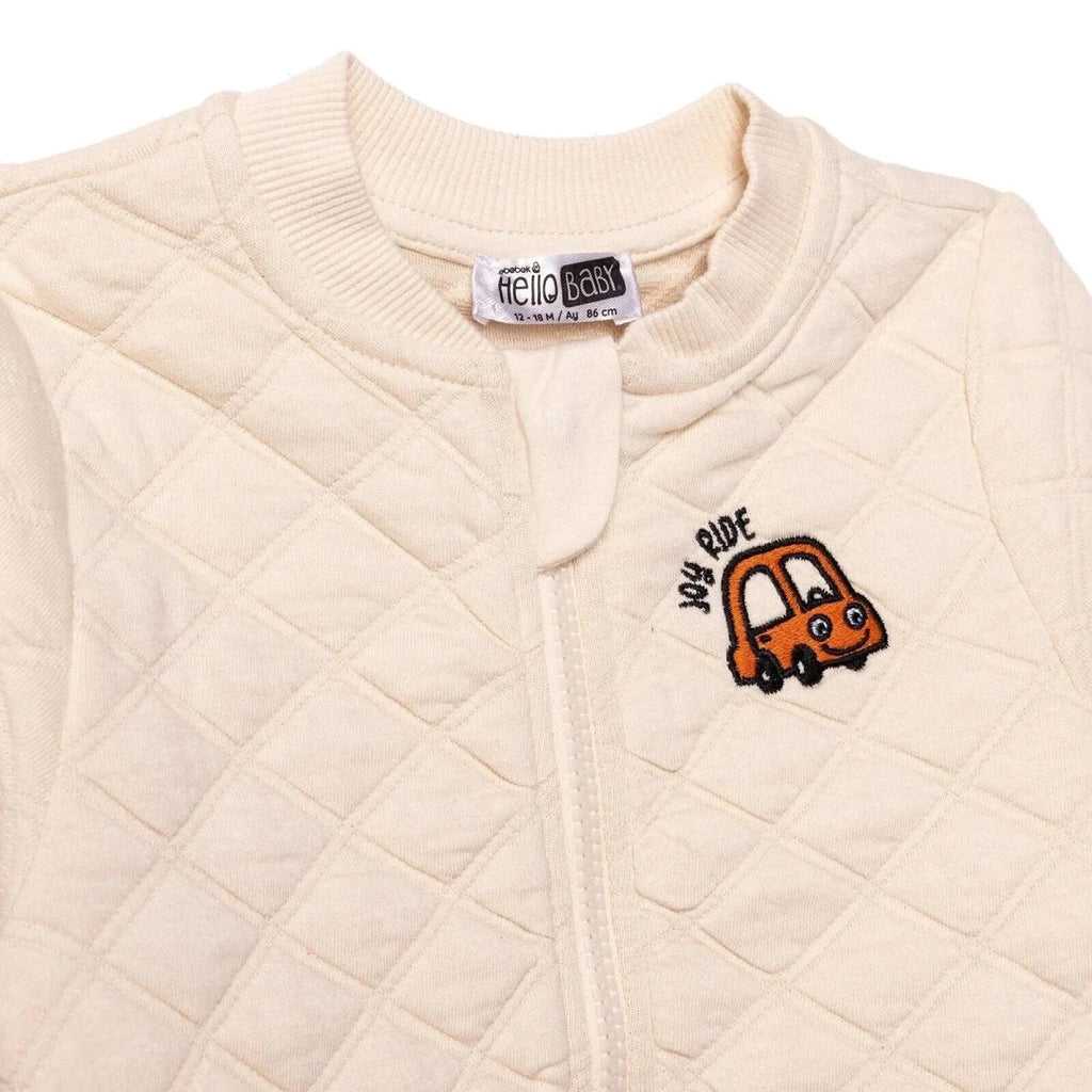 HelloBaby Boys Quilted Cardigan Zip Fastening Little Car Mandarin Collar Long Sleeve - Ecru