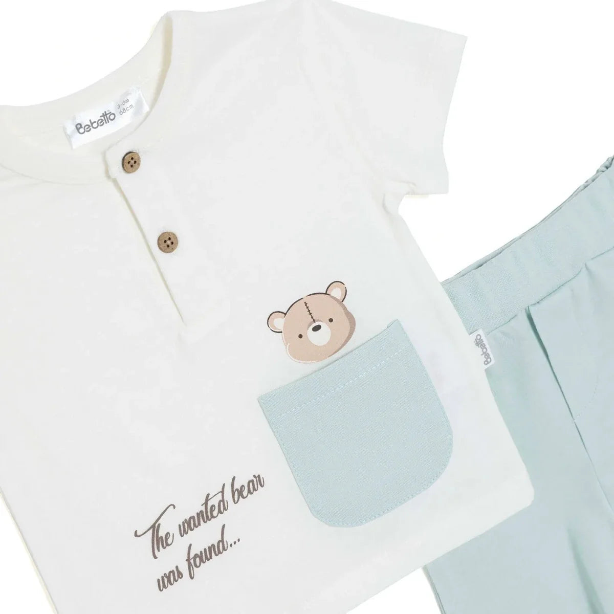Bebetto Boys T-shirt & Shorts Set Bear Print Buttoned Hello Crew Neck Short Length Short Sleeve - Multicolour