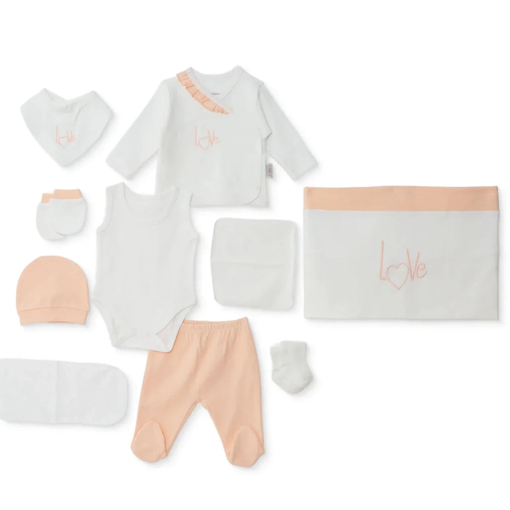 Bebbek Girls 10pc Newborn Set Heart with Poppers V-Neck Long Leg Long Sleeve - Ecru