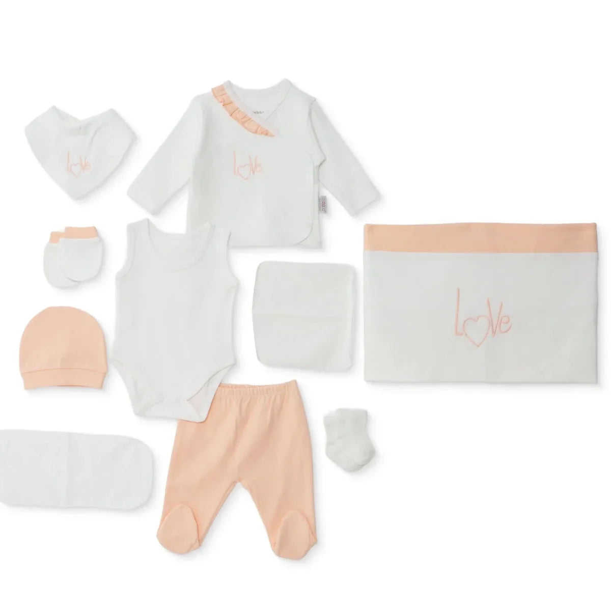 Bebbek Girls 10pc Newborn Set Heart with Poppers V-Neck Long Leg Long Sleeve - Ecru