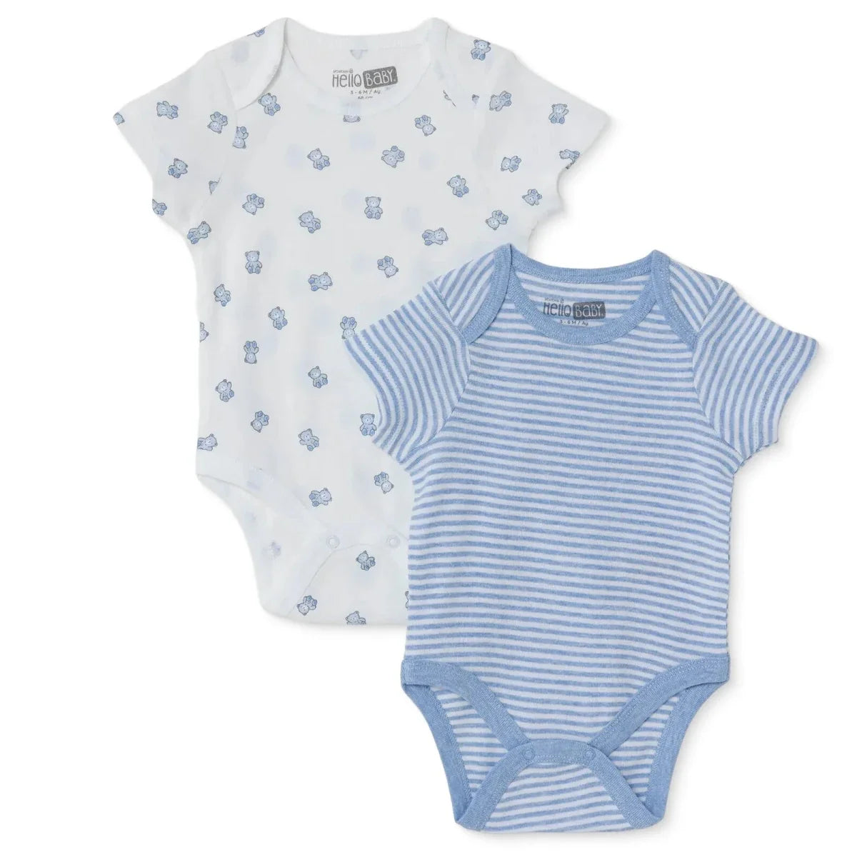 HelloBaby Boys 2-Pack Short Sleeve Bodysuits Striped with Poppers Envelope Neck Short Sleeve - Light Blue