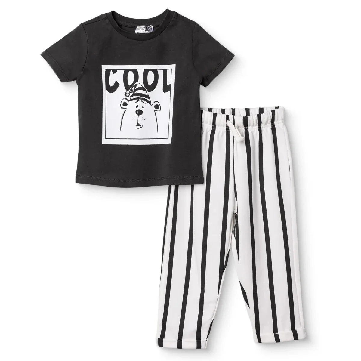 HelloBaby Boys T-Shirt & Trousers Set Bear Print Cool Boy Crew Neck Full Length Short Sleeve - Anthracite