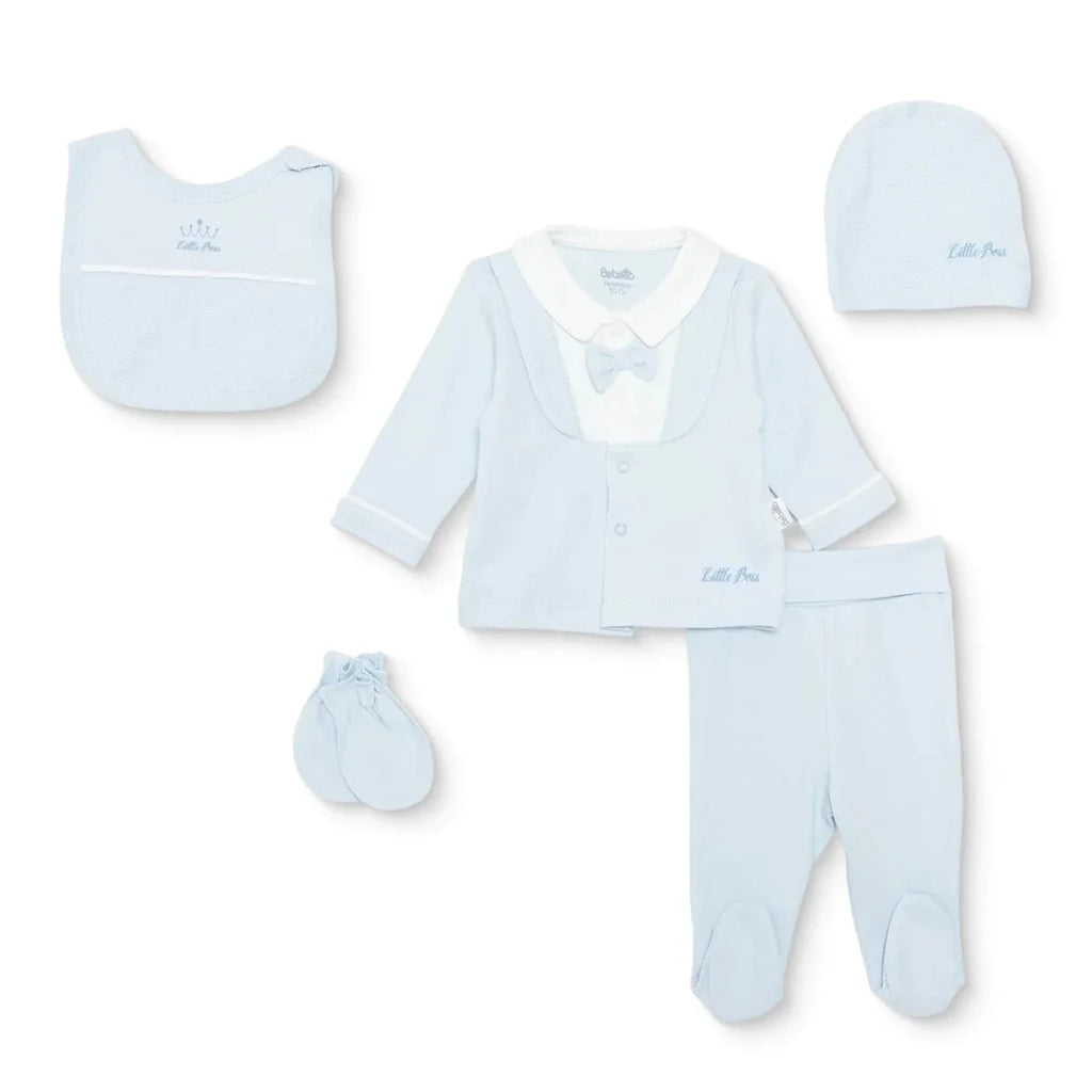 Bebetto Boys 5-Piece Newborn Hospital Set Snap Fastening Little Boss Shirt Collar Full Length Long S - Blue