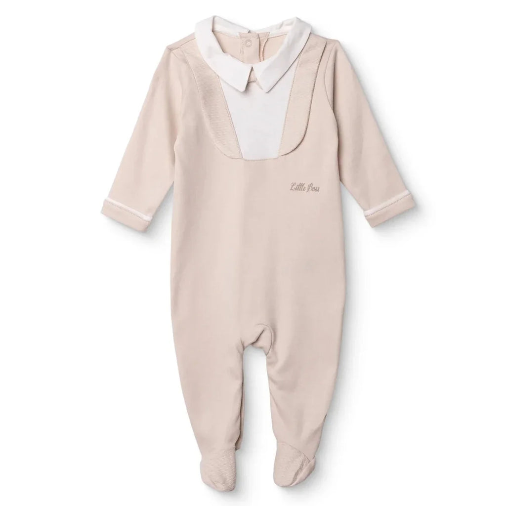 Bebetto Boys Footed Sleepsuit Snap Fastening Little Boss Shirt Collar Full Length Long Sleeve - Beige