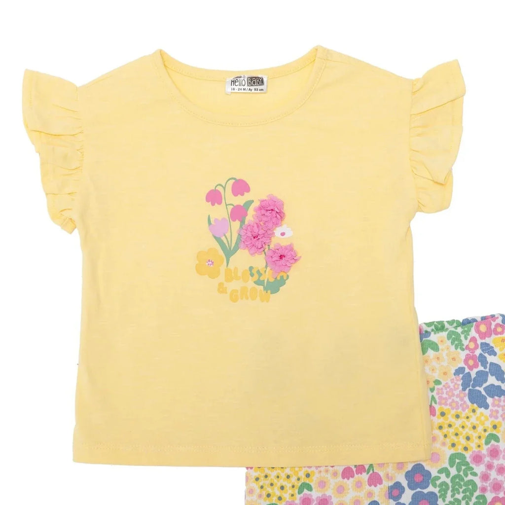 HelloBaby Girls Blouse & Leggings Set Ditsy Flower Crew Neck Full Length Short Sleeve - Yellow