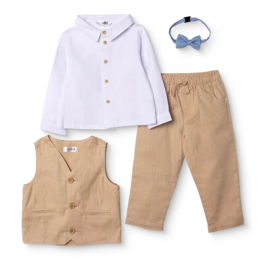 HelloBaby Boys Shirt Trousers & Waistcoat Set Buttoned Smart Line Shirt Collar Full Length Long Slee - Beige