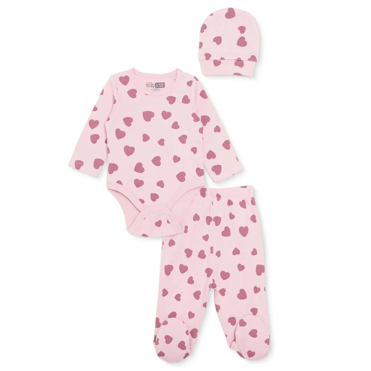HelloBaby Girls Body-Footed Bottom-Hat Heart Crew Neck Long Leg Long Sleeve - Pink