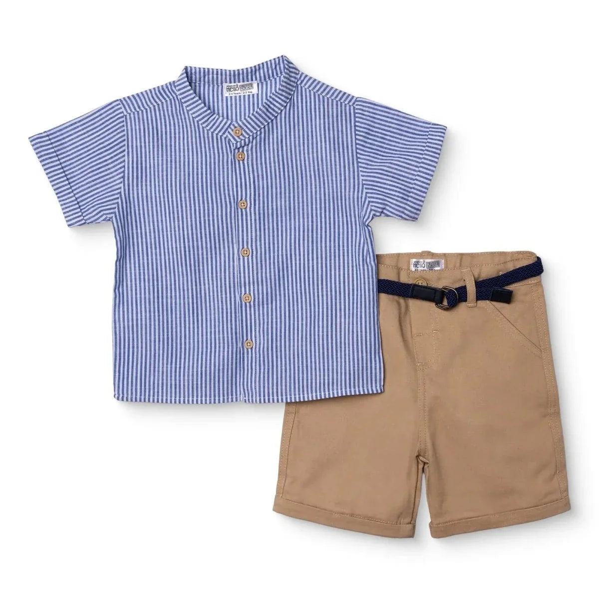 HelloBaby Boys Shirt & Shorts Set Striped Buttoned Smart Line Mandarin Collar Above the Knee Short S - Indigo