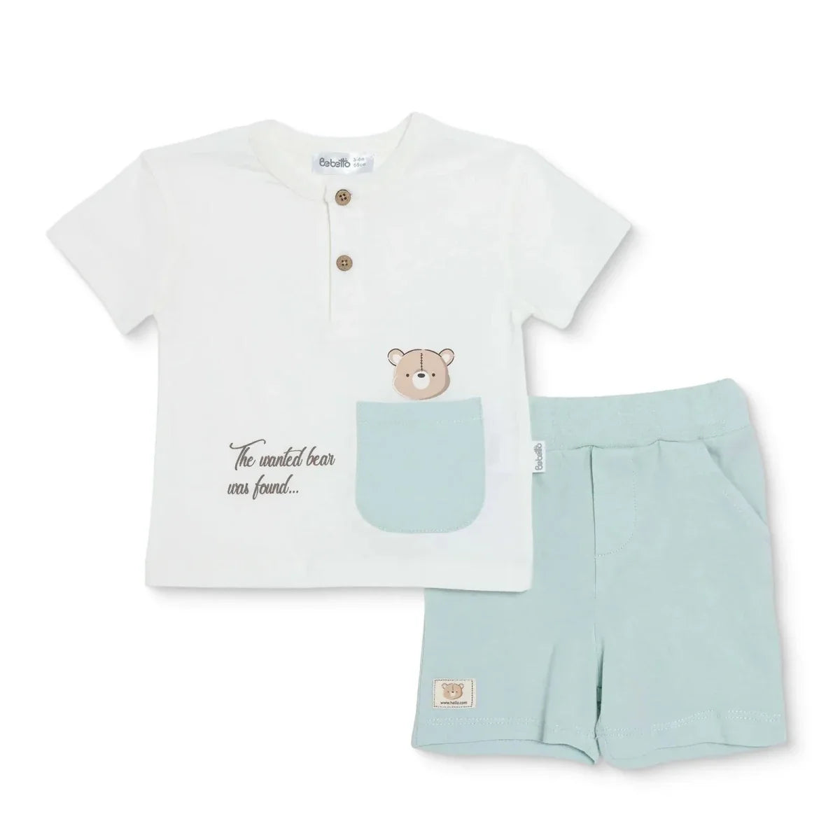 Bebetto Boys T-shirt & Shorts Set Bear Print Buttoned Hello Crew Neck Short Length Short Sleeve - Multicolour