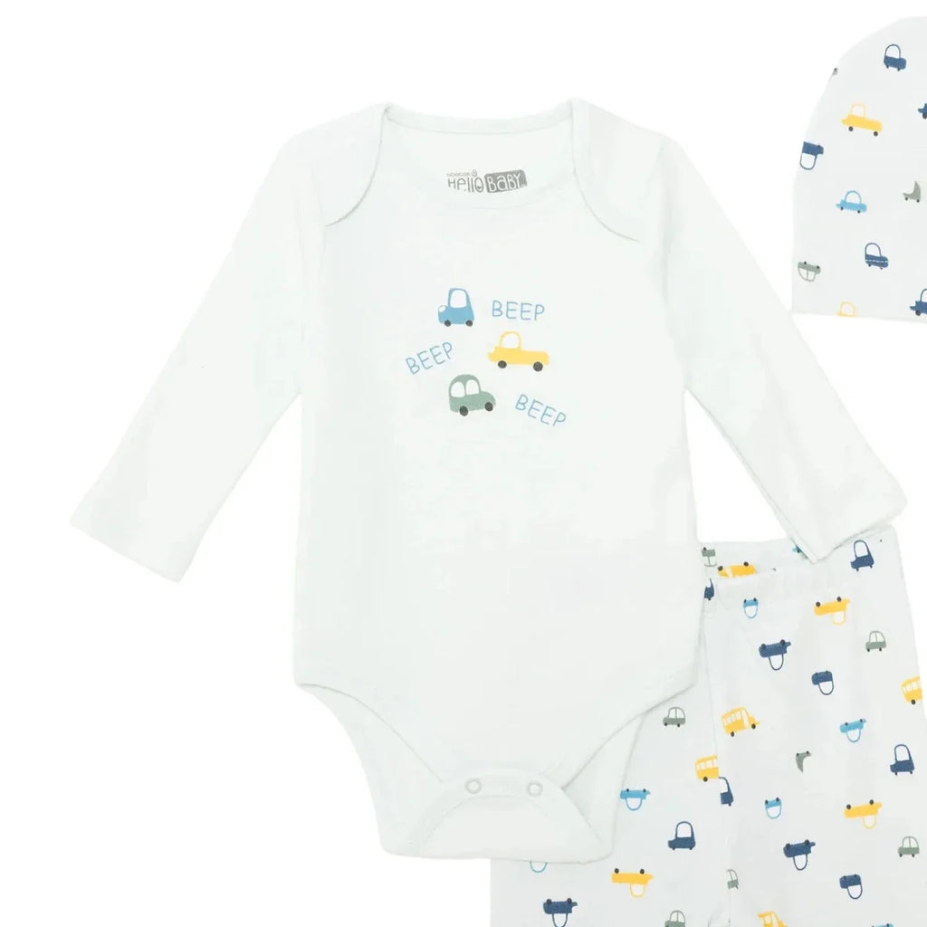 HelloBaby Boys Body-Footed Bottom-Hat Vehicles with Poppers Crew Neck Long Leg Long Sleeve - Light Blue