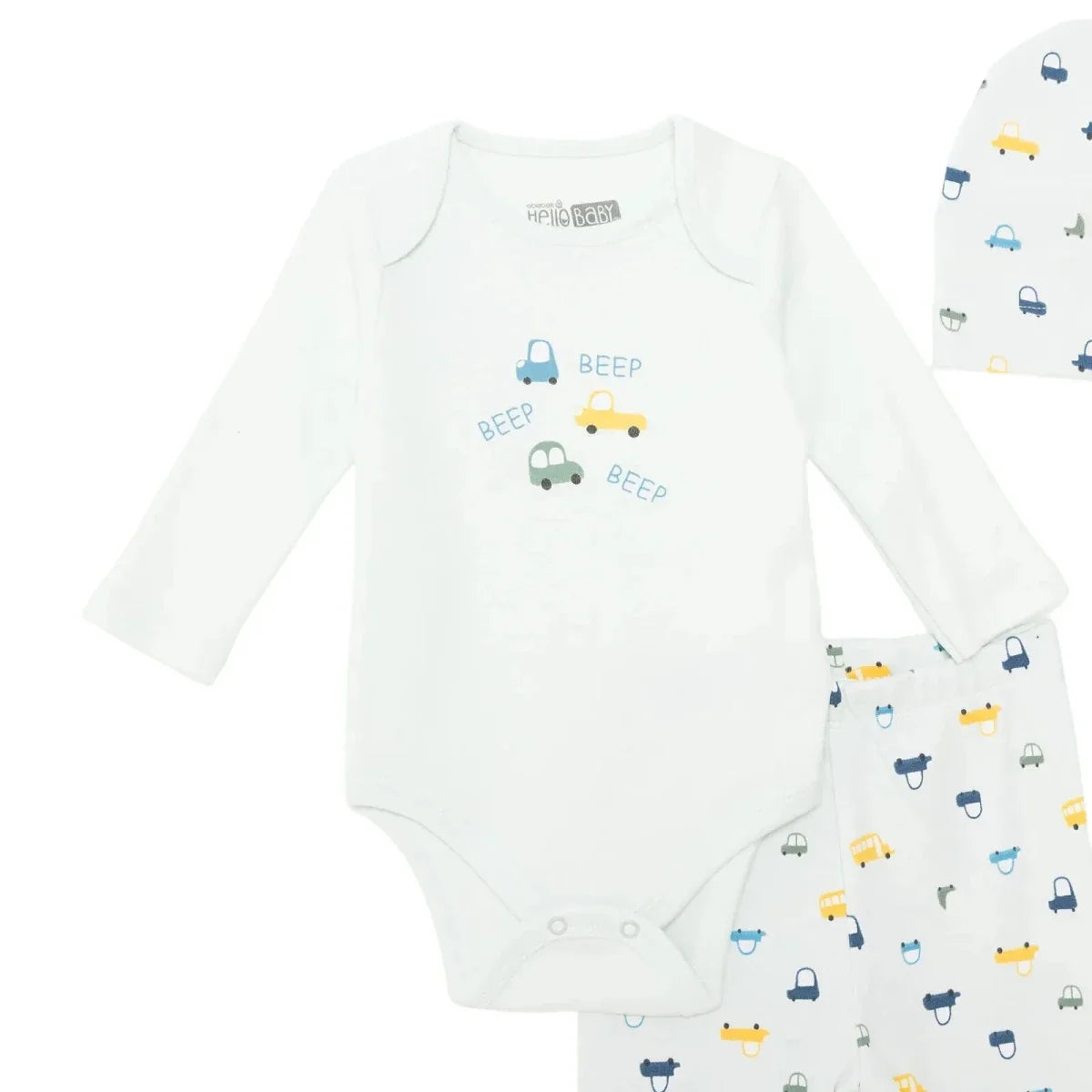 HelloBaby Boys Body-Footed Bottom-Hat Vehicles with Poppers Crew Neck Long Leg Long Sleeve - Light Blue