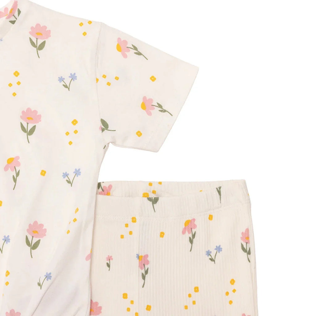 HelloBaby Girls Blouse & Leggings Set Floral Print Flower Garden Crew Neck Full Length Short Sleeve - Ecru Printed
