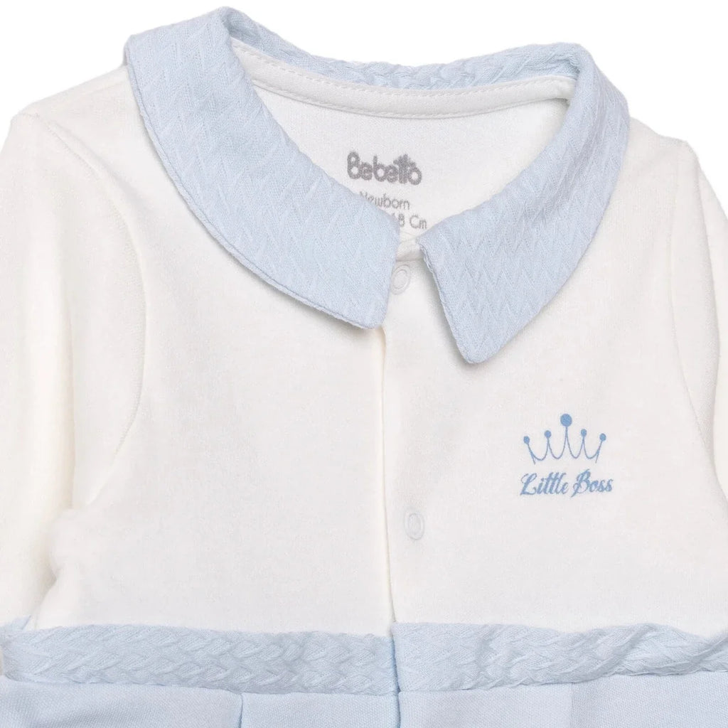Bebetto Boys Footed Sleepsuit Snap Fastening Little Boss Shirt Collar Full Length Long Sleeve - Blue