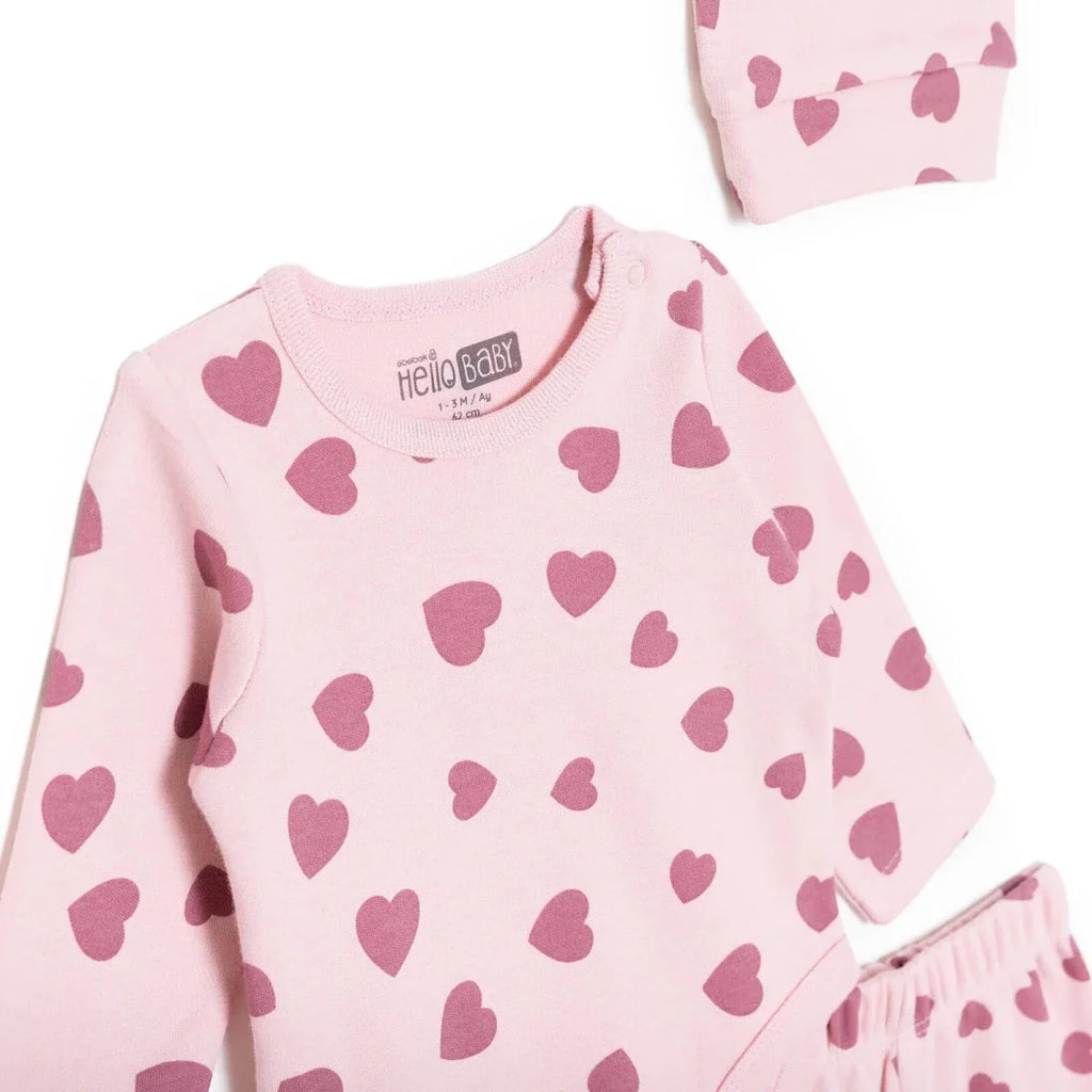 HelloBaby Girls Body-Footed Bottom-Hat Heart Crew Neck Long Leg Long Sleeve - Pink