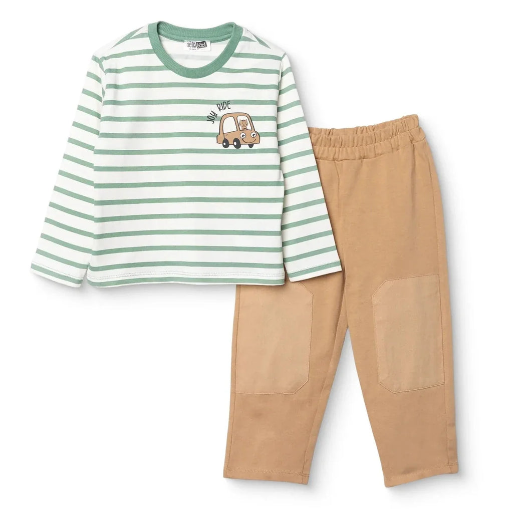 HelloBaby Boys T-Shirt & Trousers Set Vehicle Print Little Car Crew Neck Full Length Long Sleeve - Green Printed