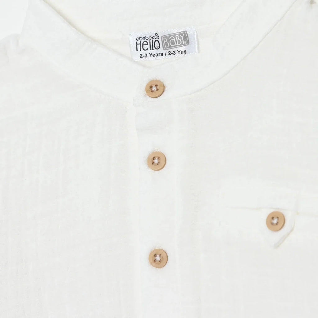 HelloBaby Boys Shirt Buttoned Little Sailor Mandarin Collar Long Sleeve - Ecru