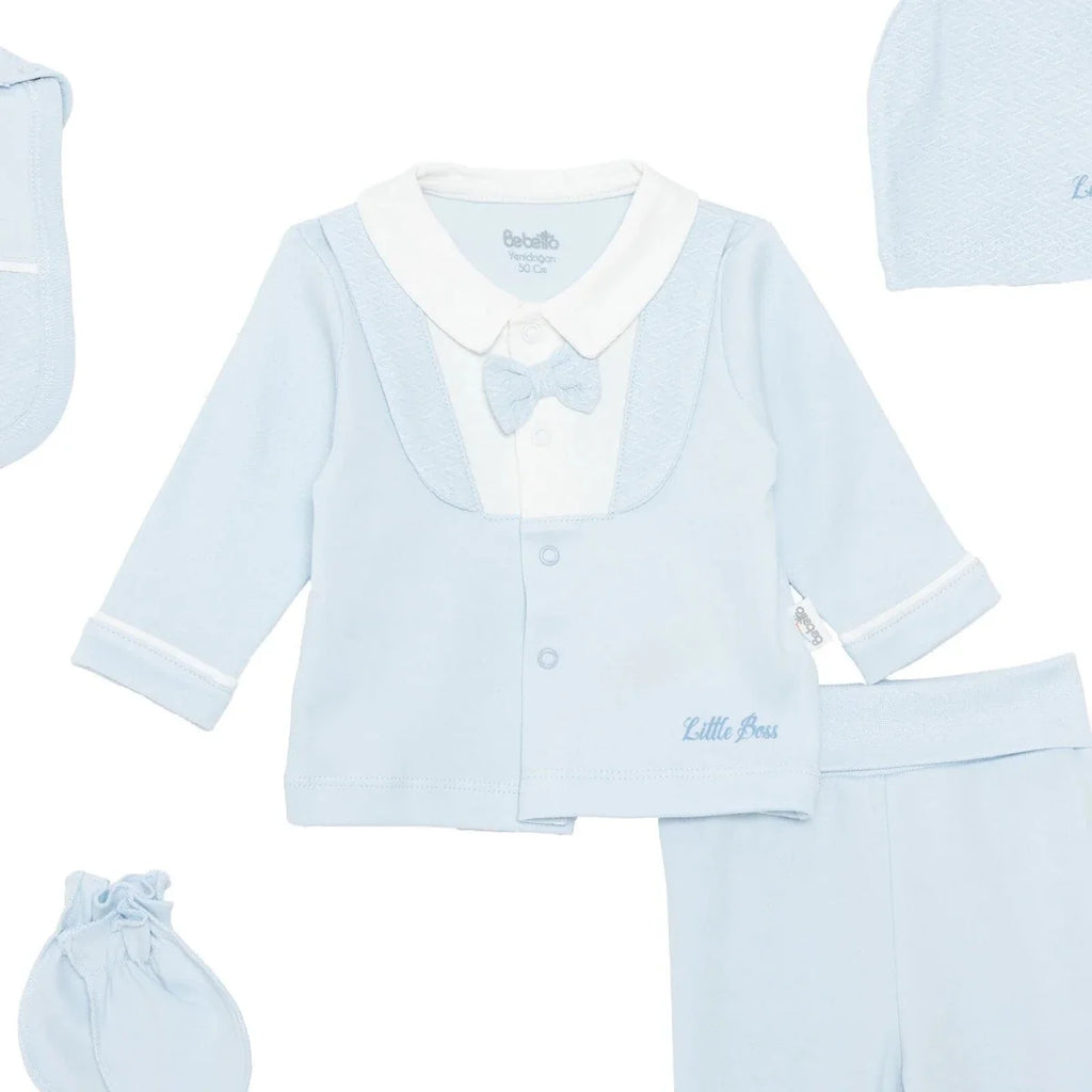 Bebetto Boys 5-Piece Newborn Hospital Set Snap Fastening Little Boss Shirt Collar Full Length Long S - Blue