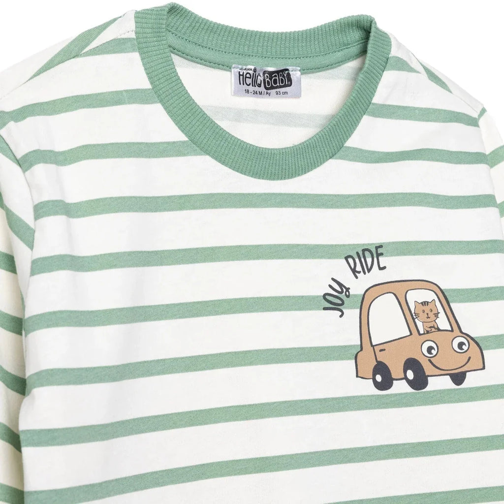 HelloBaby Boys T-Shirt & Trousers Set Vehicle Print Little Car Crew Neck Full Length Long Sleeve - Green Printed