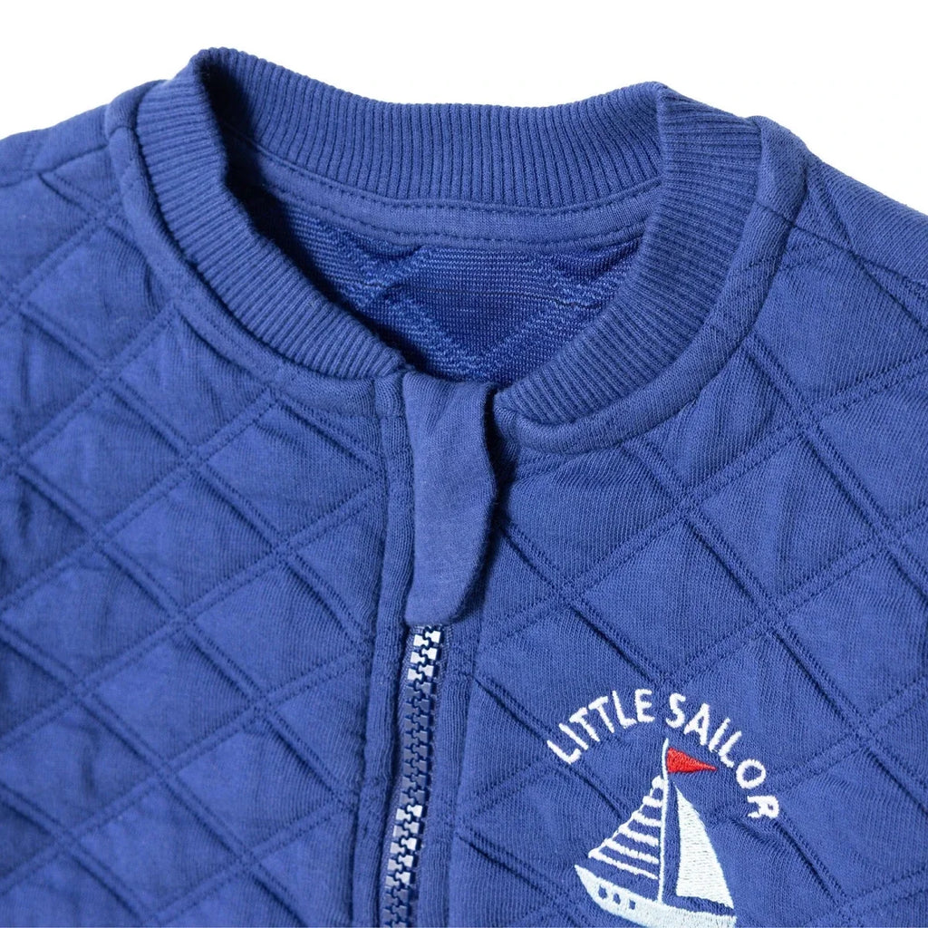 HelloBaby Boys Quilted Cardigan Nautical Print Zip Fastening Little Sailor Crew Neck Long Sleeve - Navy Blue