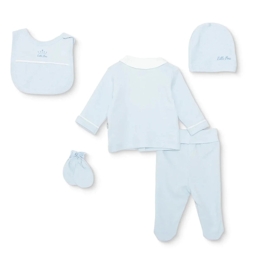 Bebetto Boys 5-Piece Newborn Hospital Set Snap Fastening Little Boss Shirt Collar Full Length Long S - Blue