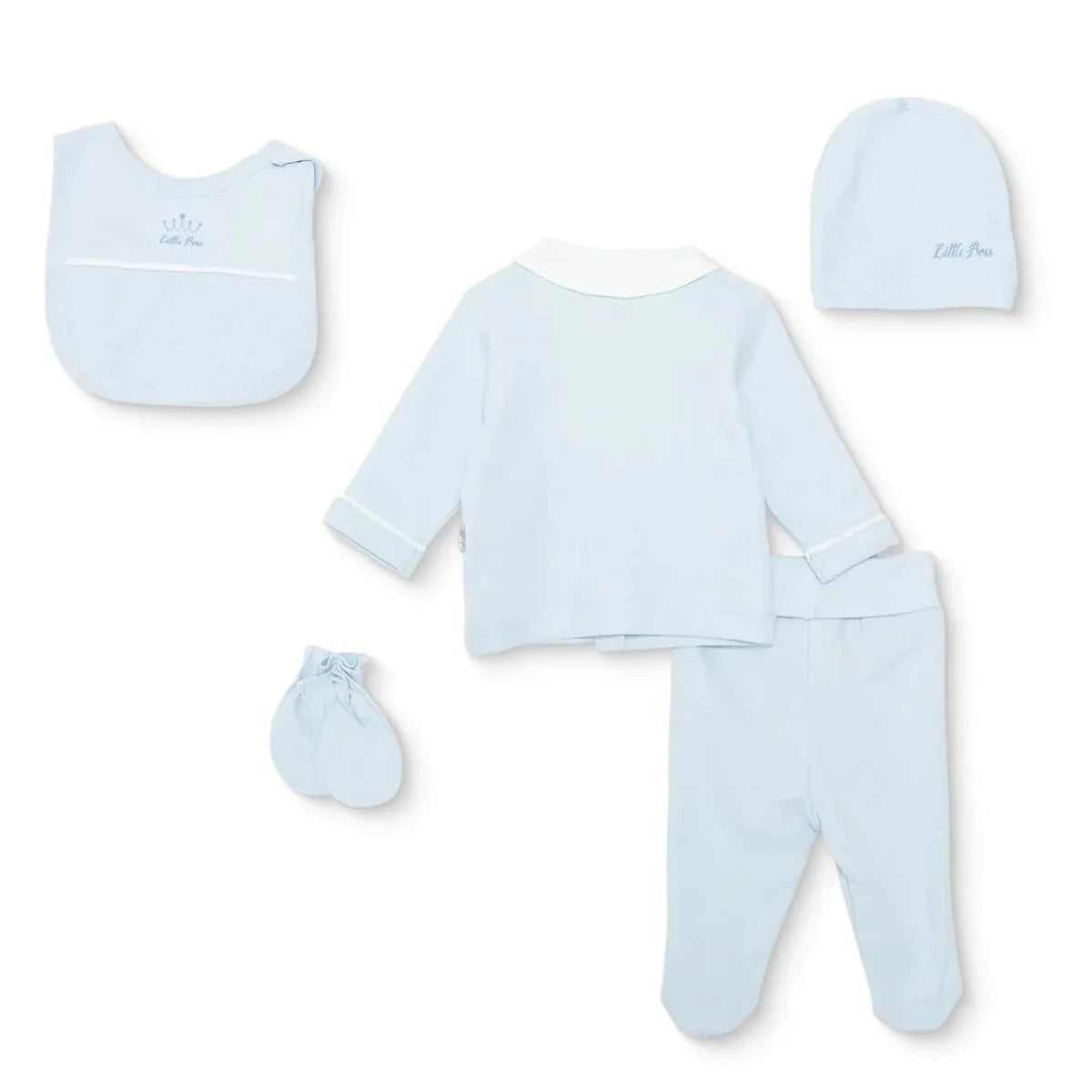 Bebetto Boys 5-Piece Newborn Hospital Set Snap Fastening Little Boss Shirt Collar Full Length Long S - Blue