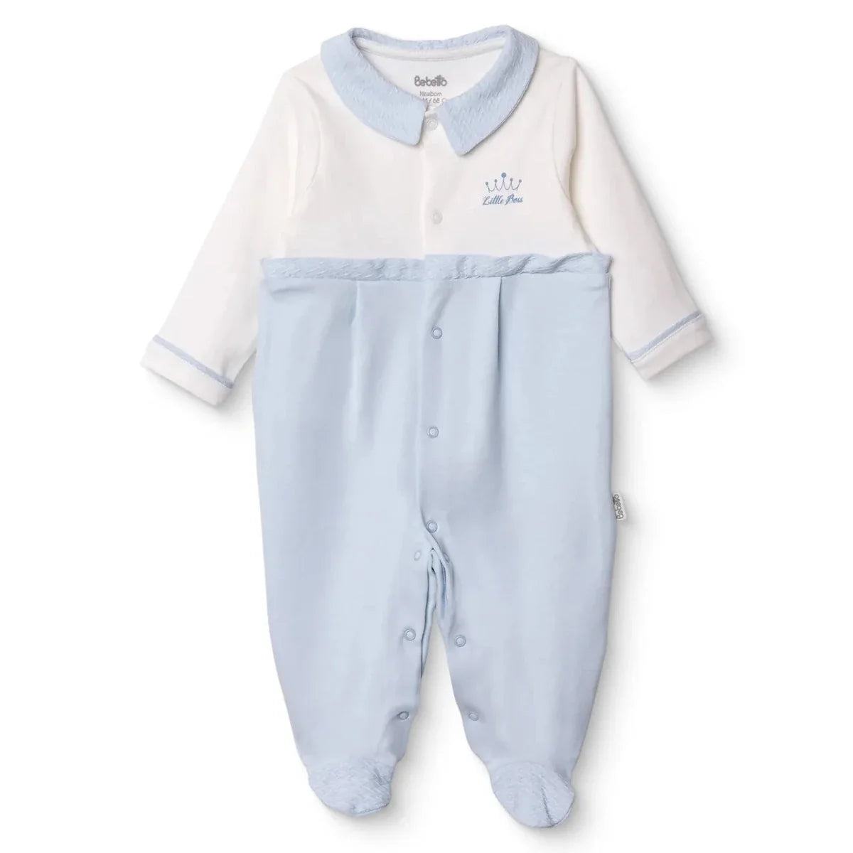 Bebetto Boys Footed Sleepsuit Snap Fastening Little Boss Shirt Collar Full Length Long Sleeve - Blue
