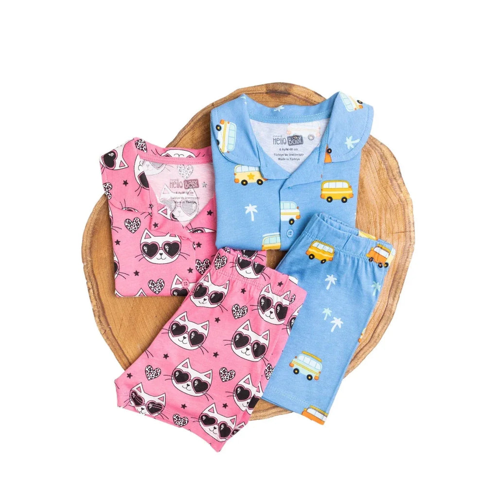 HelloBaby Boys Short Sleeve Pyjamas Set Vehicles with Buttons Peter-Pan Collar Short Leg Short Sleev - Blue