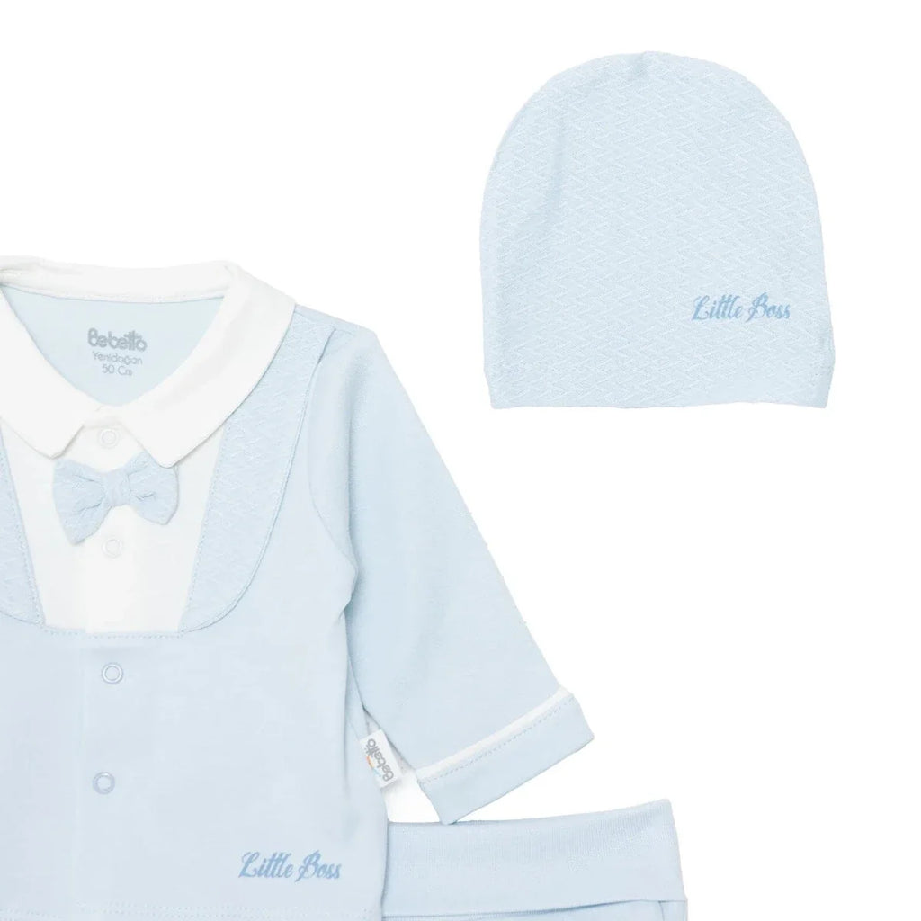Bebetto Boys 5-Piece Newborn Hospital Set Snap Fastening Little Boss Shirt Collar Full Length Long S - Blue