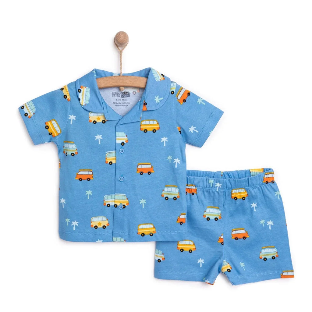 HelloBaby Boys Short Sleeve Pyjamas Set Vehicles with Buttons Peter-Pan Collar Short Leg Short Sleev - Blue