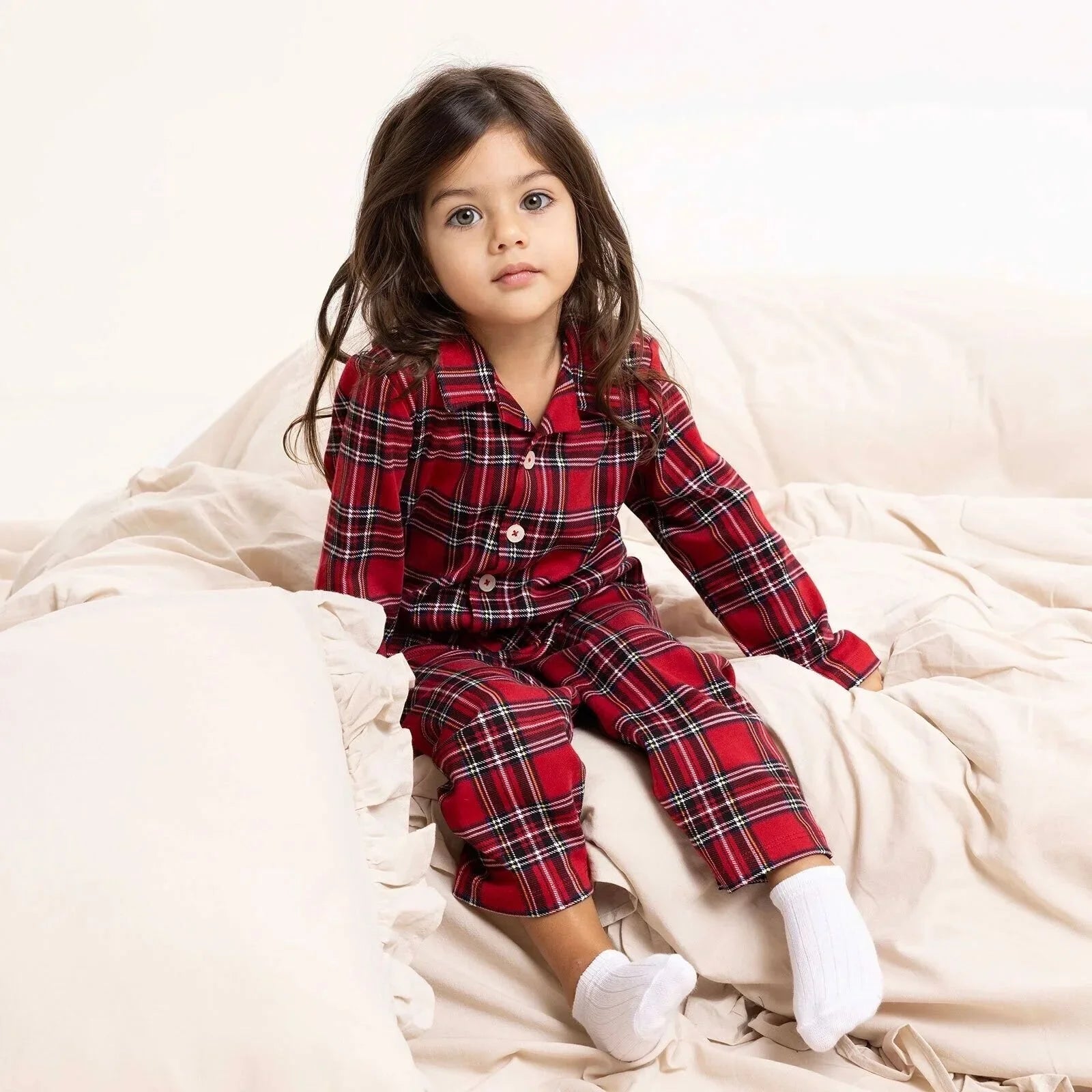 HelloBaby Boys Long Sleeve Pyjamas Set Plaid with Buttons Christmas Peter-Pan Collar Long Leg Long S - Red