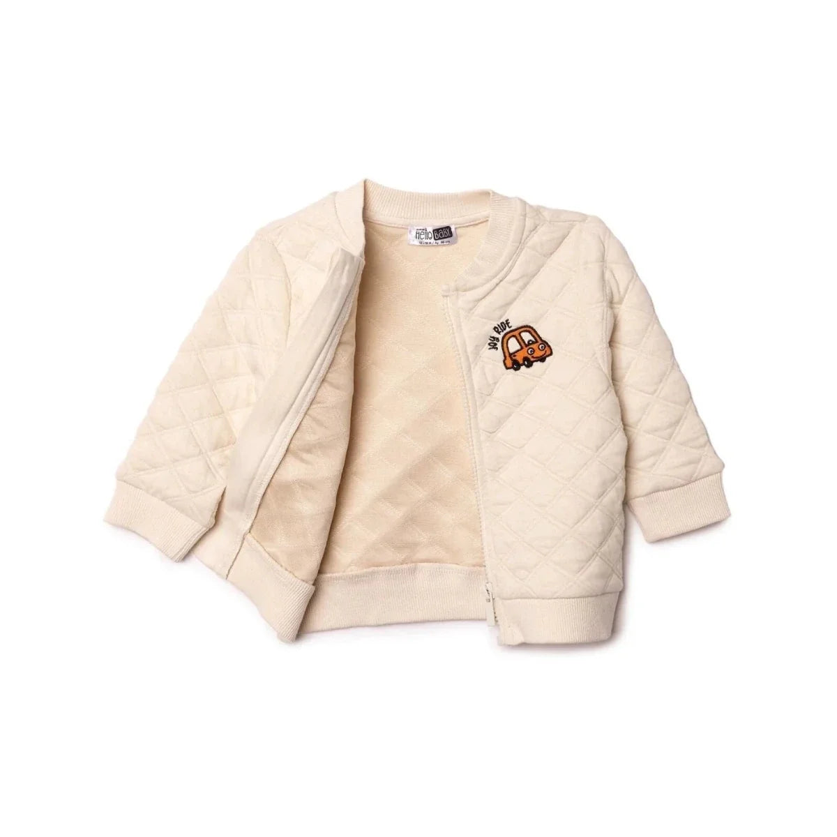 HelloBaby Boys Quilted Cardigan Zip Fastening Little Car Mandarin Collar Long Sleeve - Ecru