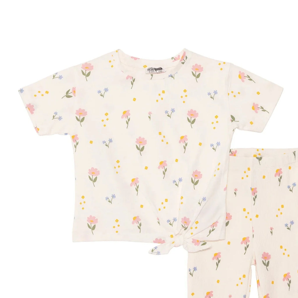 HelloBaby Girls Blouse & Leggings Set Floral Print Flower Garden Crew Neck Full Length Short Sleeve - Ecru Printed