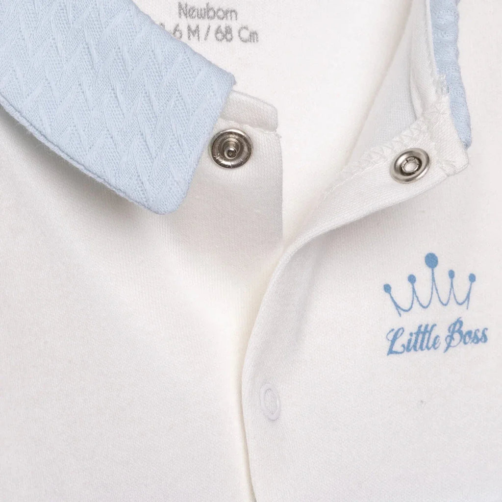 Bebetto Boys Footed Sleepsuit Snap Fastening Little Boss Shirt Collar Full Length Long Sleeve - Blue
