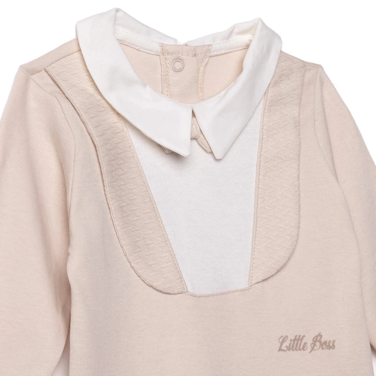 Bebetto Boys Footed Sleepsuit Snap Fastening Little Boss Shirt Collar Full Length Long Sleeve - Beige
