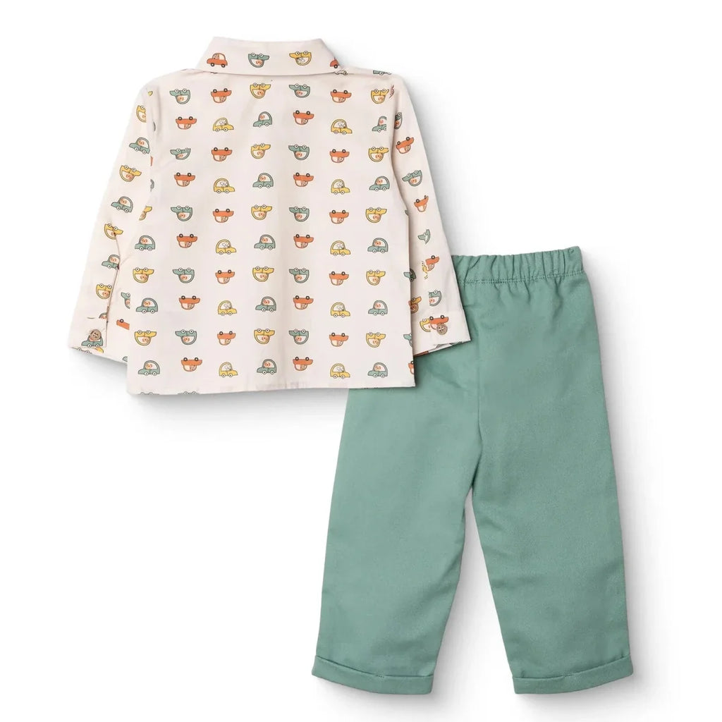 HelloBaby Boys Shirt & Trousers Set Car Print Buttoned Little Car Shirt Collar Full Length Long Slee - Ecru Printed