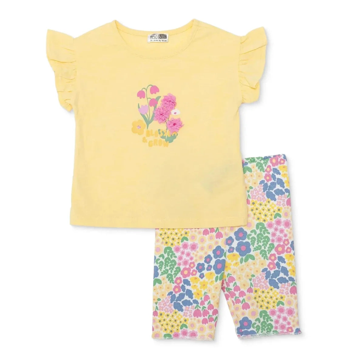 HelloBaby Girls Blouse & Leggings Set Ditsy Flower Crew Neck Full Length Short Sleeve - Yellow