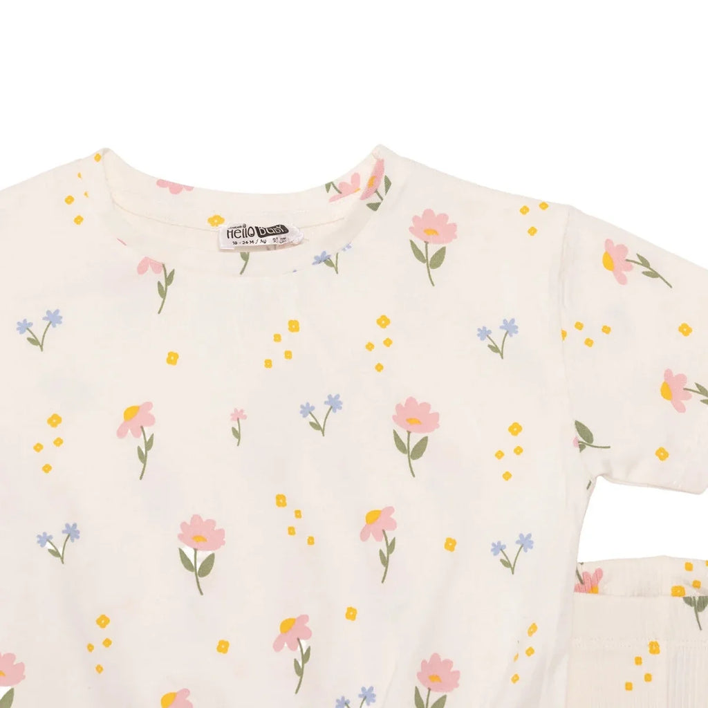 HelloBaby Girls Blouse & Leggings Set Floral Print Flower Garden Crew Neck Full Length Short Sleeve - Ecru Printed