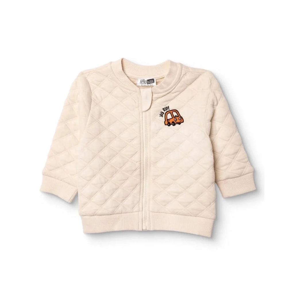 HelloBaby Boys Quilted Cardigan Zip Fastening Little Car Mandarin Collar Long Sleeve - Ecru
