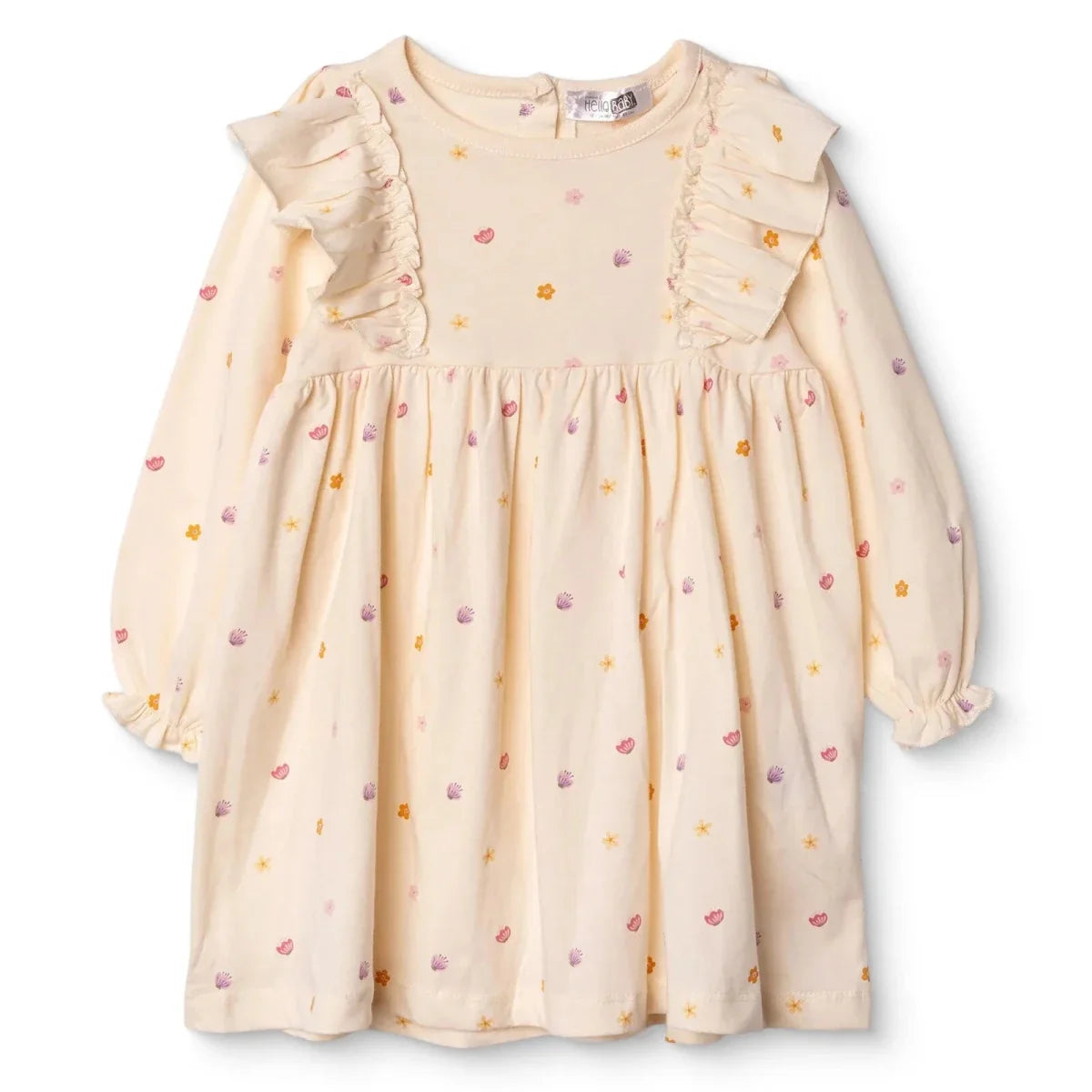 HelloBaby Girls Dress Polka Dot Print Pastel Dreams Crew Neck Long Sleeve - Ecru Printed