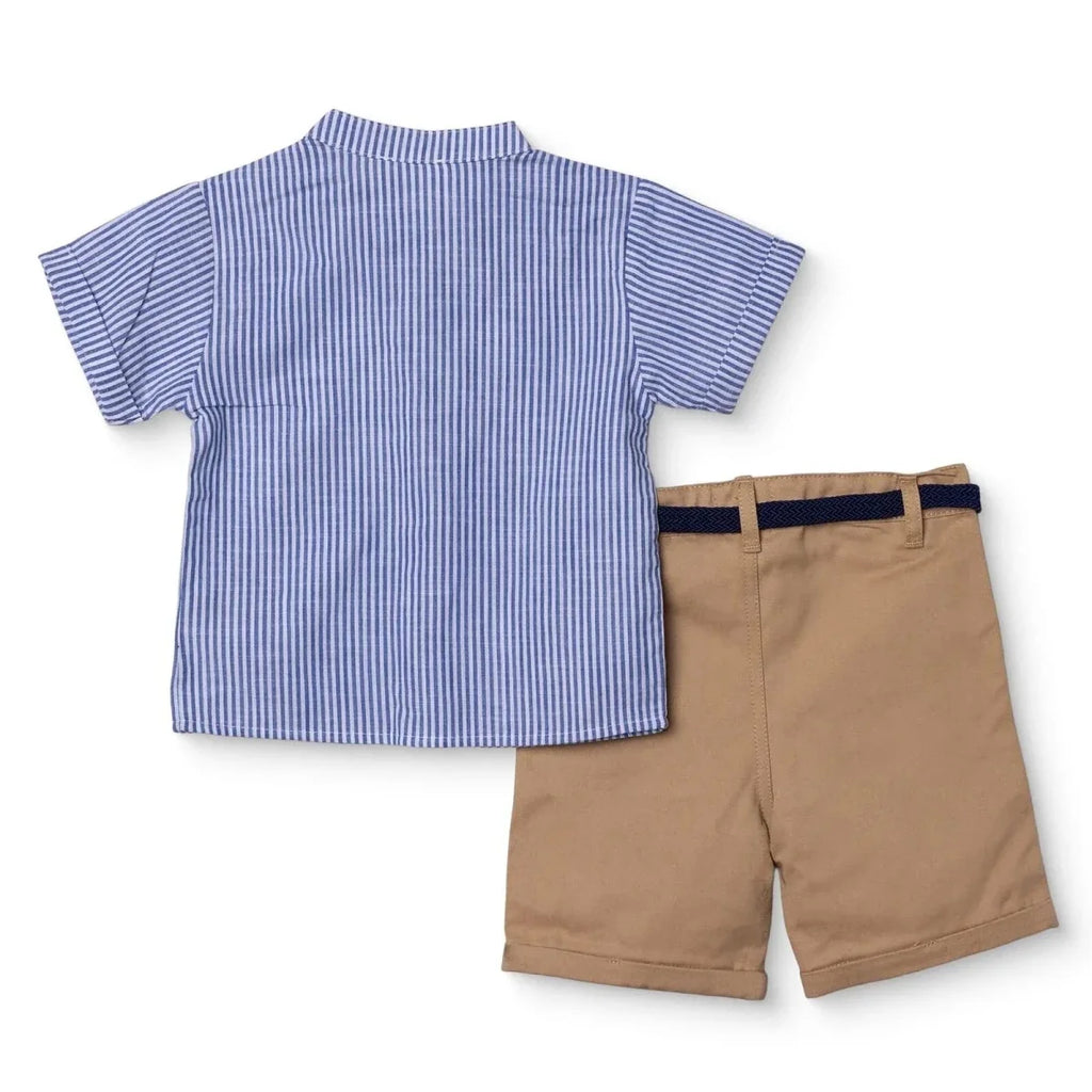 HelloBaby Boys Shirt & Shorts Set Striped Buttoned Smart Line Mandarin Collar Above the Knee Short S - Indigo