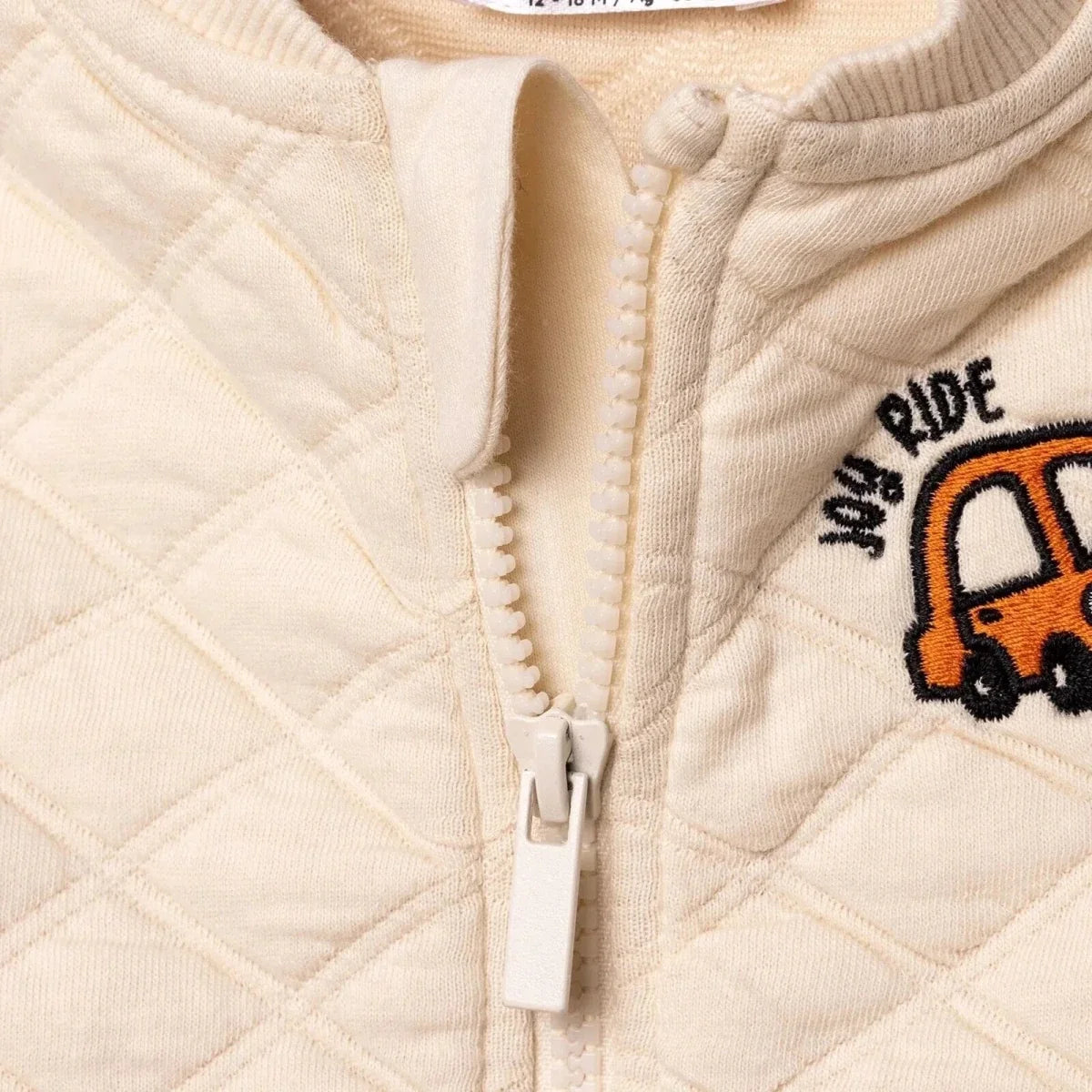 HelloBaby Boys Quilted Cardigan Zip Fastening Little Car Mandarin Collar Long Sleeve - Ecru