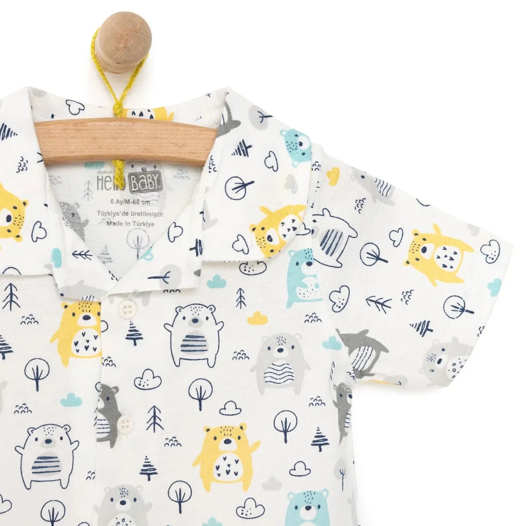 HelloBaby Boys Short Sleeve Pyjamas Set Animal with Buttons Shirt Collar Short Leg Short Sleeve - Ecru
