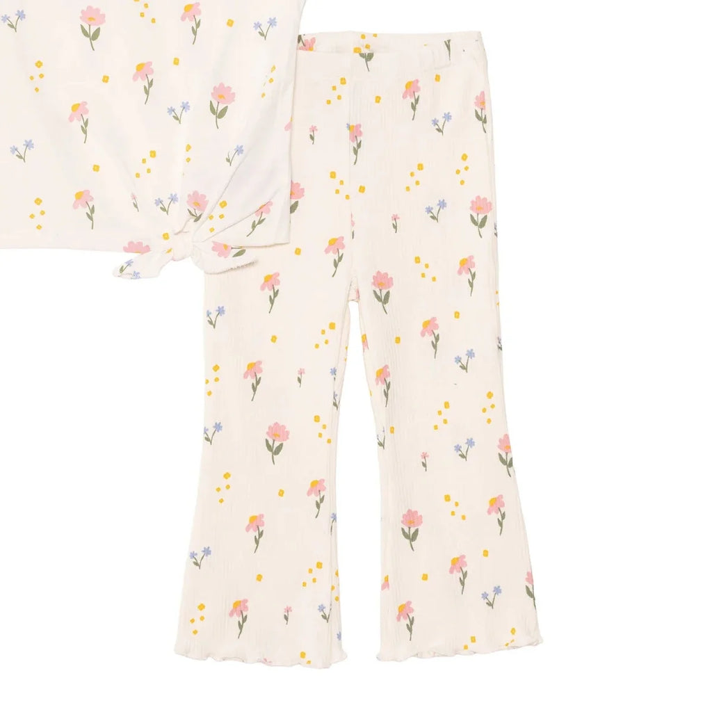 HelloBaby Girls Blouse & Leggings Set Floral Print Flower Garden Crew Neck Full Length Short Sleeve - Ecru Printed