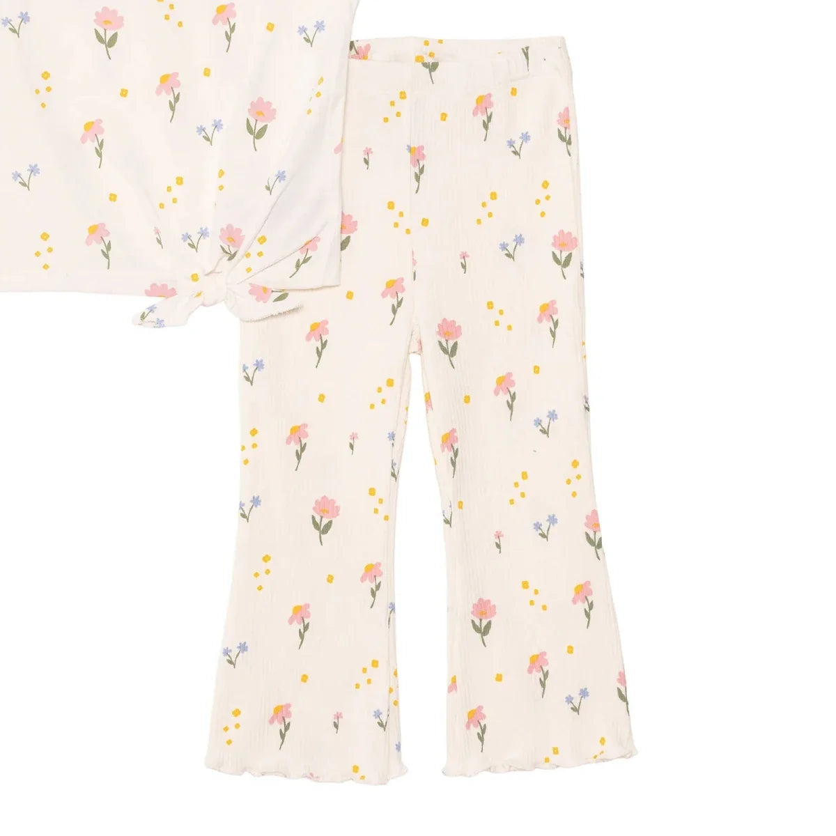 HelloBaby Girls Blouse & Leggings Set Floral Print Flower Garden Crew Neck Full Length Short Sleeve - Ecru Printed