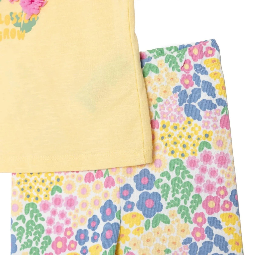 HelloBaby Girls Blouse & Leggings Set Ditsy Flower Crew Neck Full Length Short Sleeve - Yellow