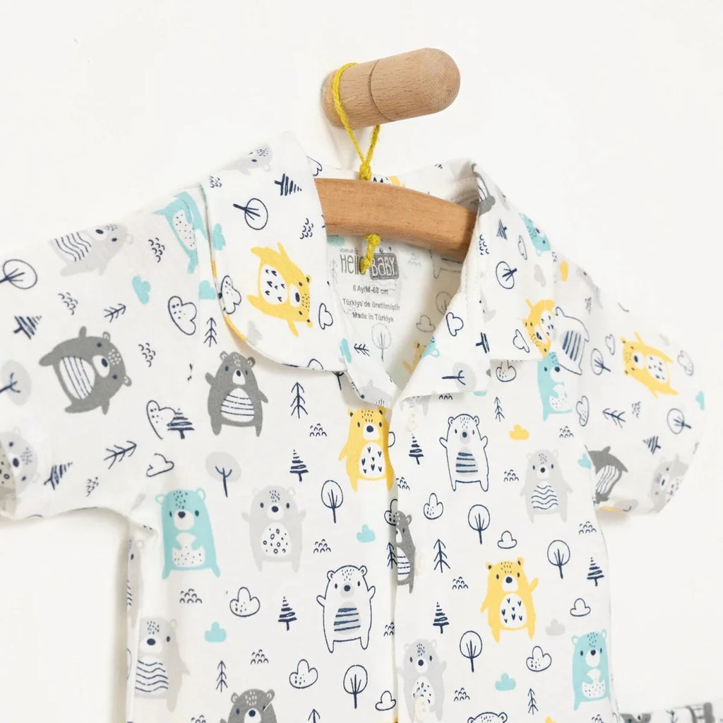 HelloBaby Boys Short Sleeve Pyjamas Set Animal with Buttons Shirt Collar Short Leg Short Sleeve - Ecru