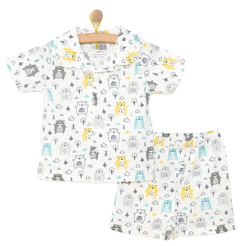 HelloBaby Boys Short Sleeve Pyjamas Set Animal with Buttons Shirt Collar Short Leg Short Sleeve - Ecru