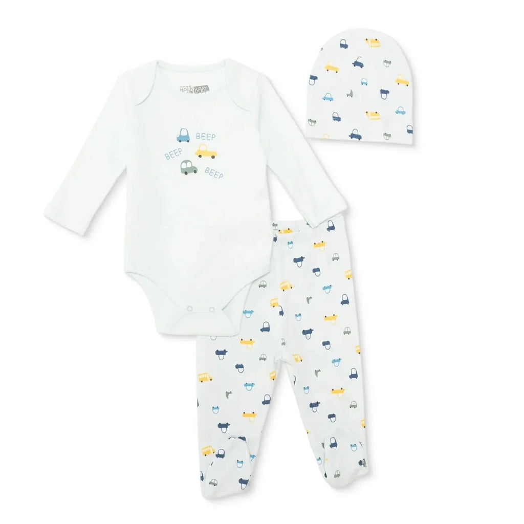 HelloBaby Boys Body-Footed Bottom-Hat Vehicles with Poppers Crew Neck Long Leg Long Sleeve - Light Blue