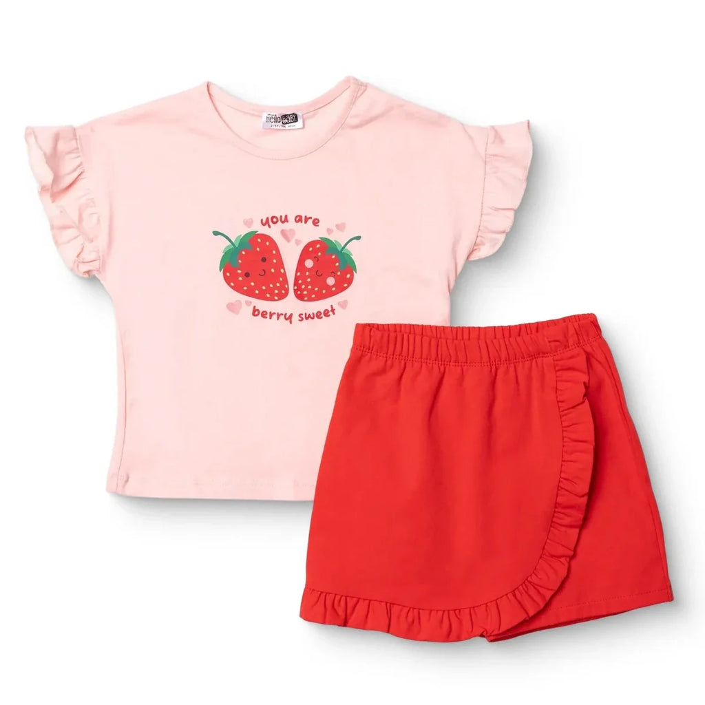 HelloBaby Girls Blouse & Shorts Set Strawberry Print Berry Belle Crew Neck Short Length Short Sleeve - Pink